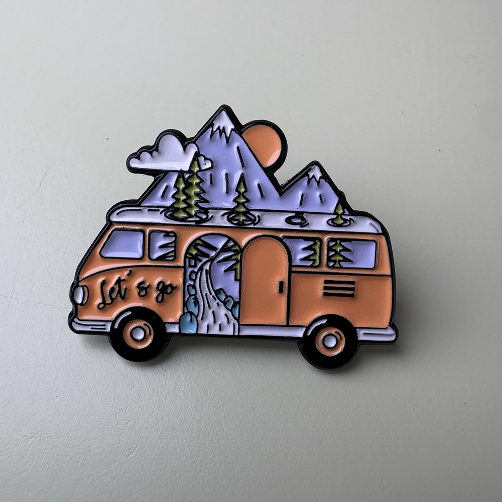 VW Van Let's Go! Retro Travel Trees Mountain Enamel Lapel Pin Rubber Back
